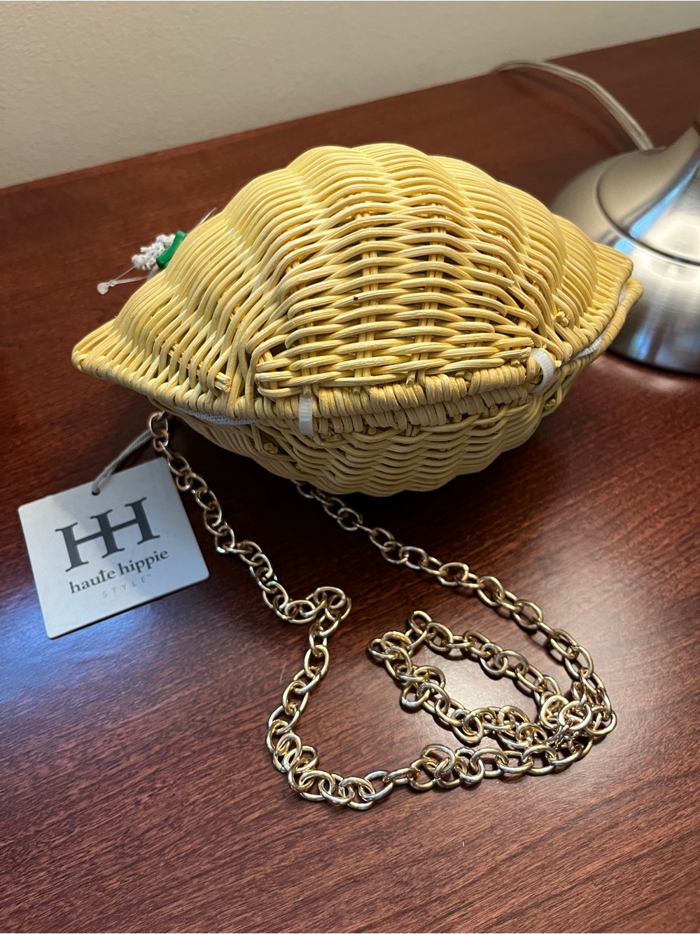 Haute Hippie Yellow Lemon Wicker Crossbody with Green Accent and Gold Chain BNWT - Picture 5 of 6